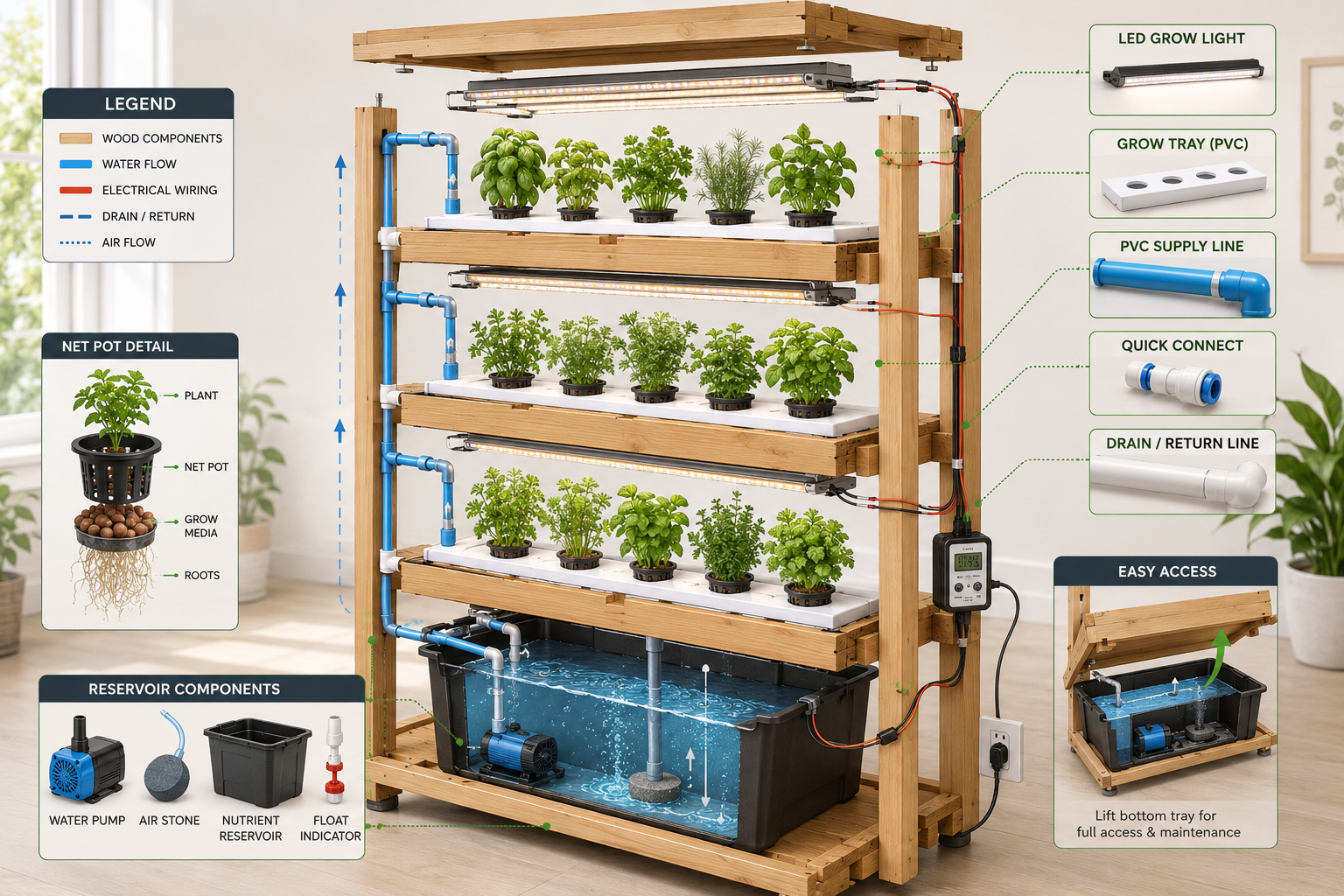 An intricate exploded diagram or cutaway view of a multi-tiered DIY hydroponic herb garden stand, clearly showing the