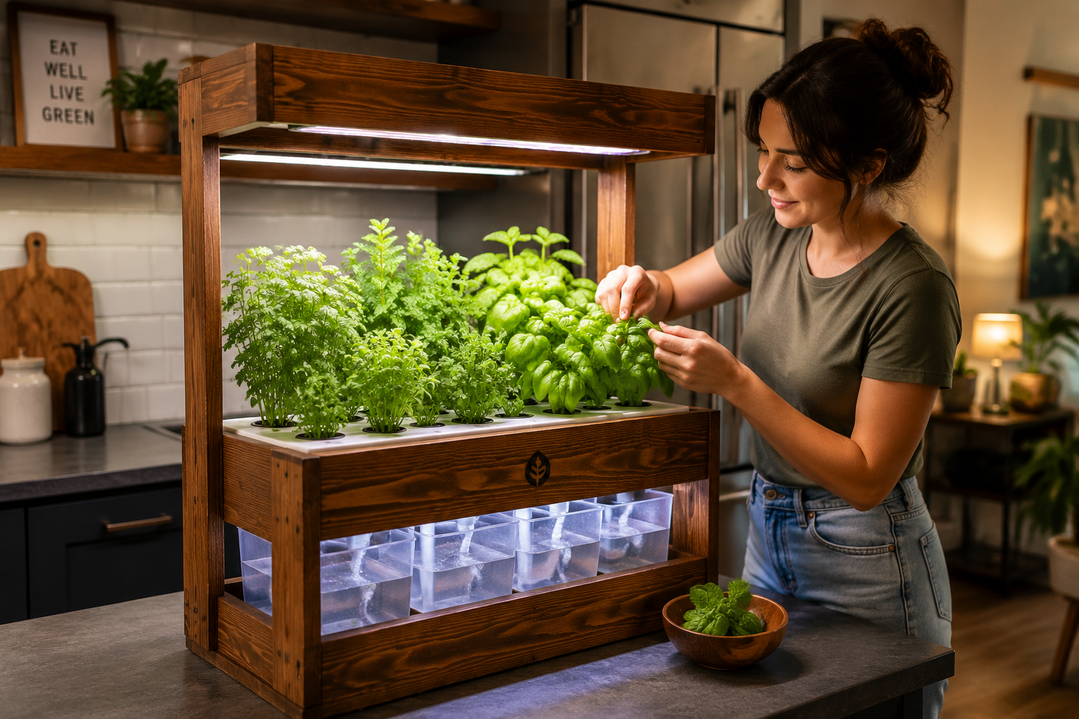 A beautifully finished and fully operational DIY hydroponic herb garden stand, made from stained or sealed wood, sits
