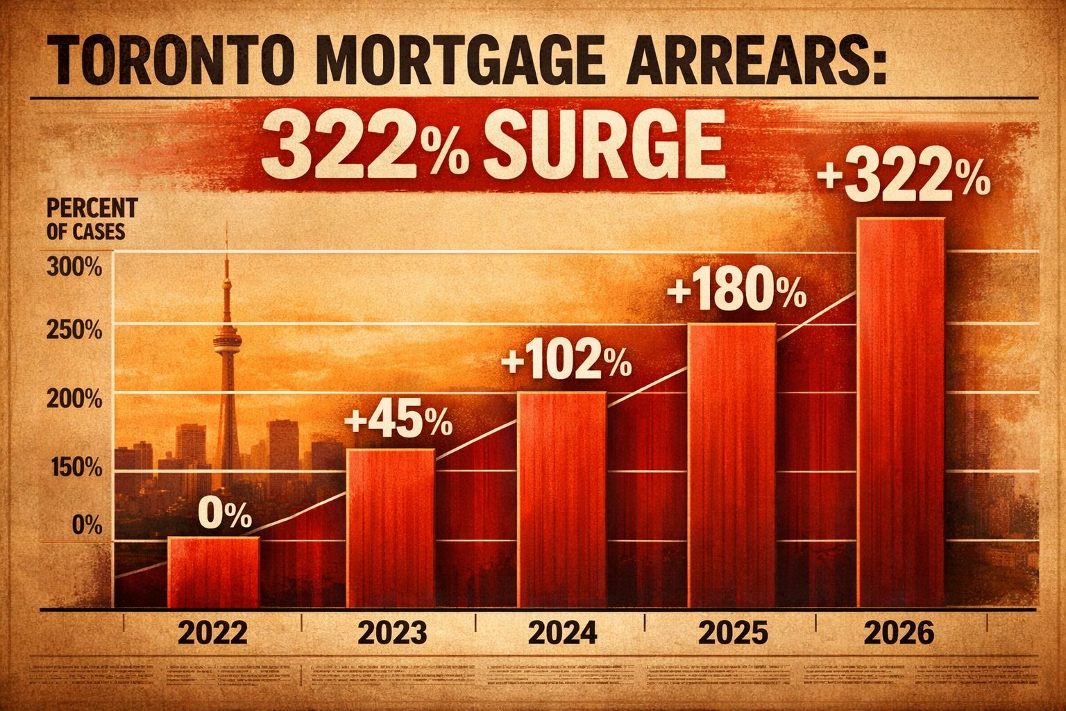 Wide () data visualization scene showing a dramatic bar chart rising steeply from 2022 to 2026, labeled 'Toronto Mortgage