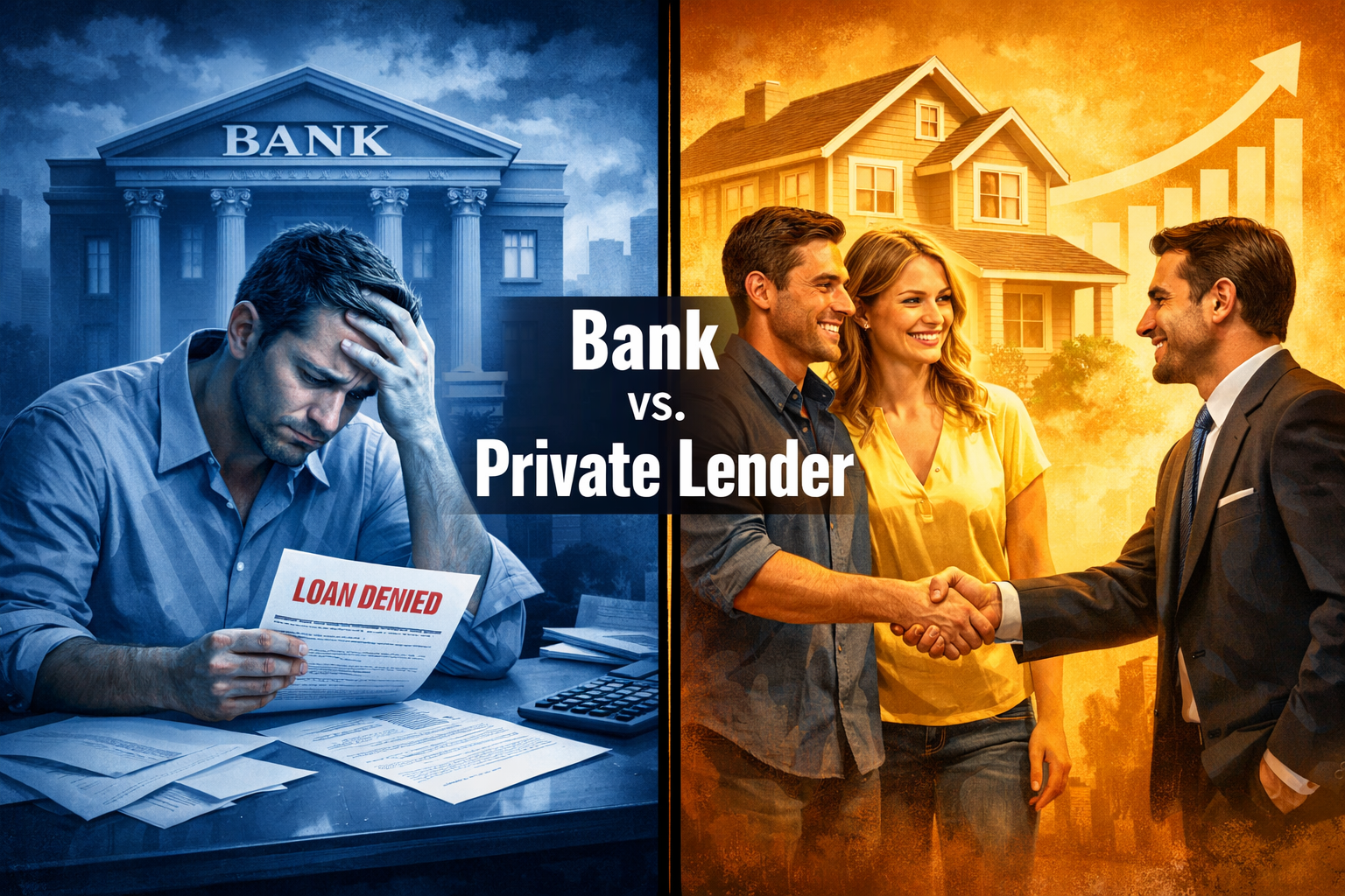 () split-scene comparison image: left side shows a stressed homeowner at a desk with a bank rejection letter and a