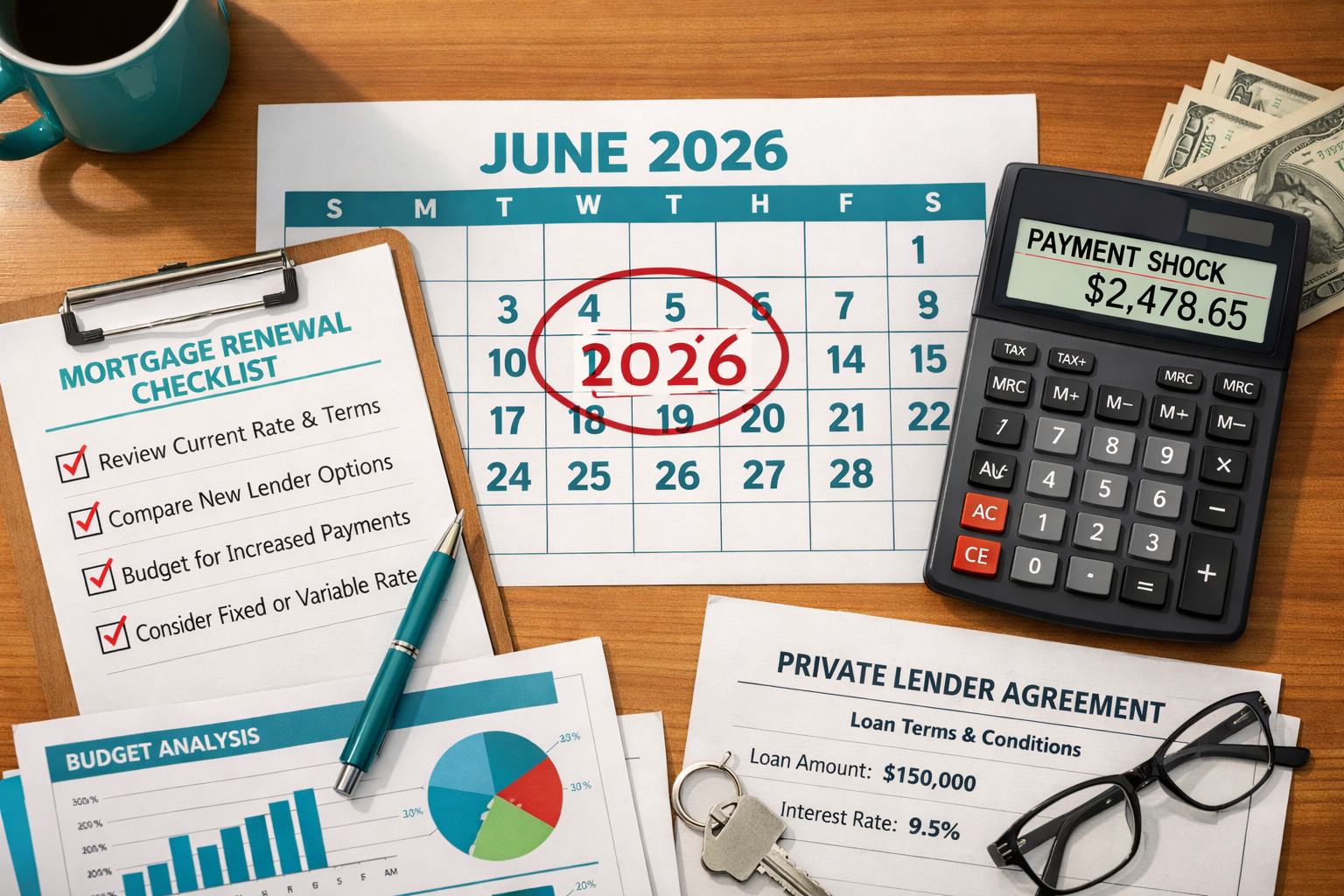 () strategic planning scene showing a close-up of a mortgage renewal calendar with June 2026 circled in red, surrounded by