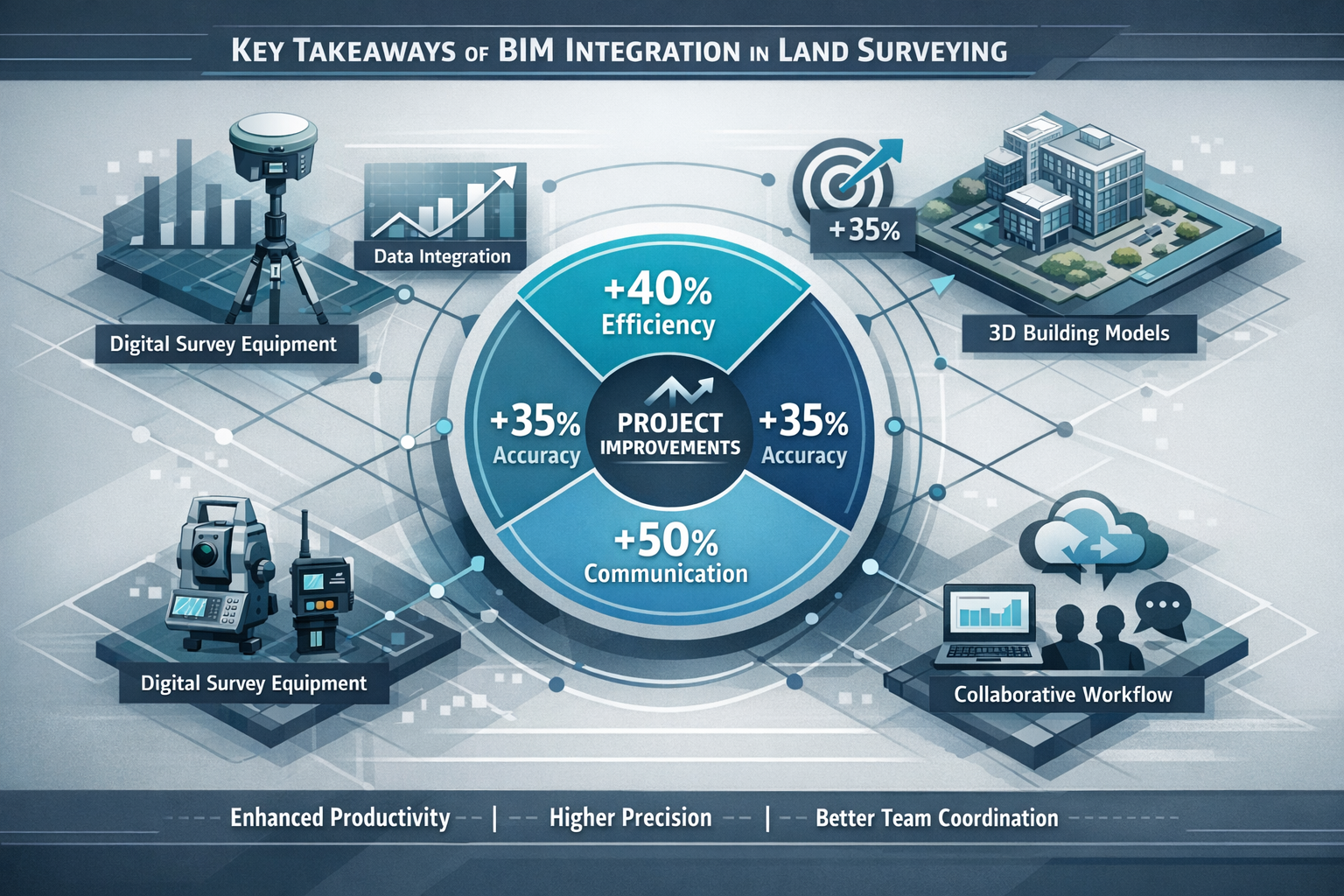 Infographic-style visual summarizing 'Key Takeaways' for BIM integration in land surveying, featuring geometric network diagram connecting d