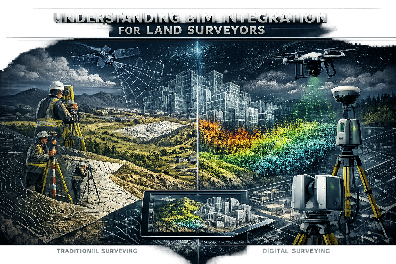 Comprehensive technical illustration depicting 'Understanding BIM Integration for Land Surveyors', showcasing layered digital landscape with