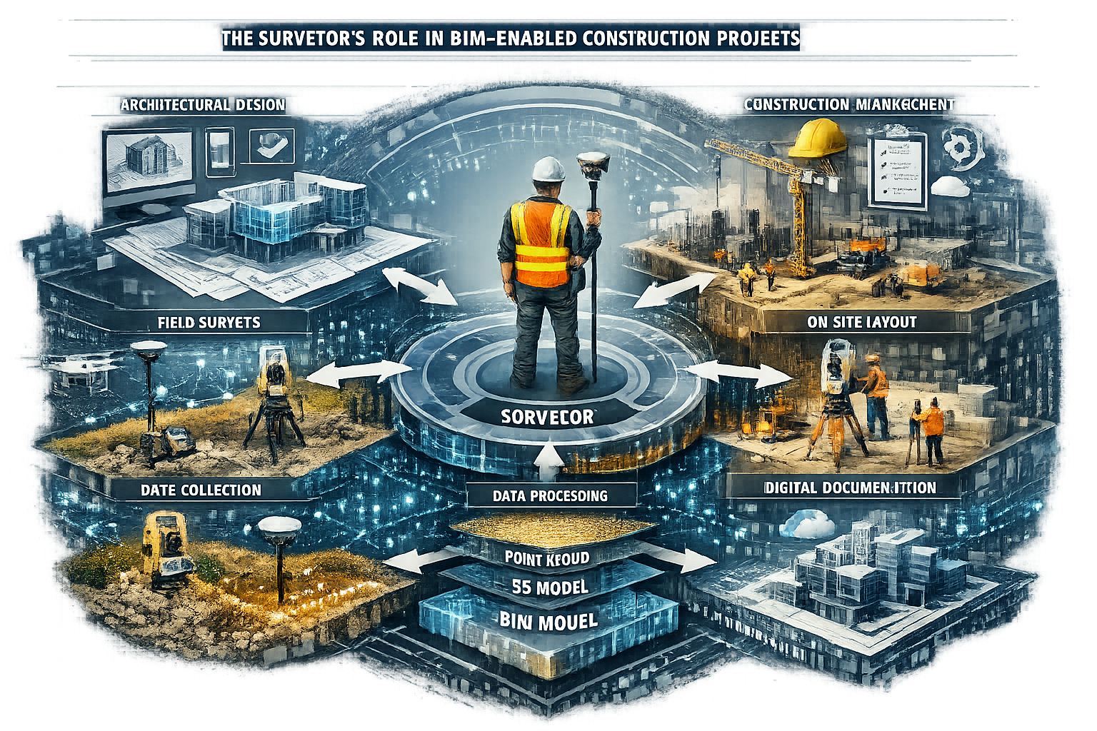 Dynamic workflow visualization illustrating 'The Surveyor's Role in BIM-Enabled Construction Projects', featuring multi-dimensional graphic