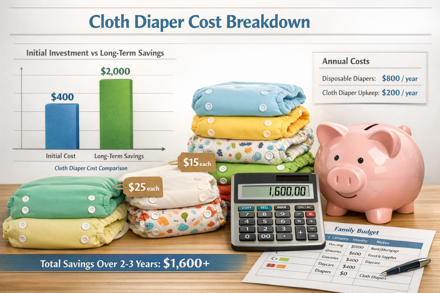 Detailed infographic showing cloth diaper cost breakdown with colorful bar charts comparing initial investment vs long-term savings, calcula