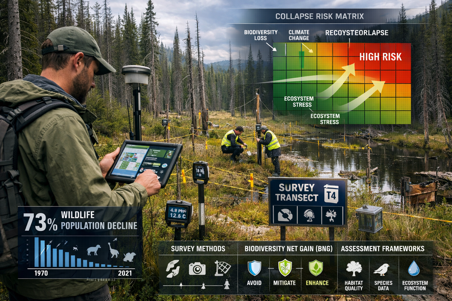 Detailed landscape format (1536x1024) image showing professional biodiversity surveyor team conducting field assessment in high-risk ecosyst