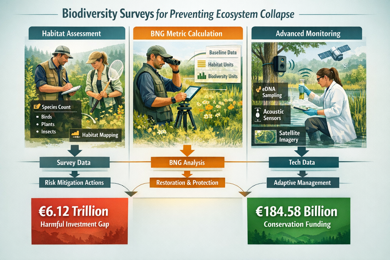 Detailed landscape format (1536x1024) infographic-style image illustrating biodiversity survey methodologies for ecosystem collapse preventi