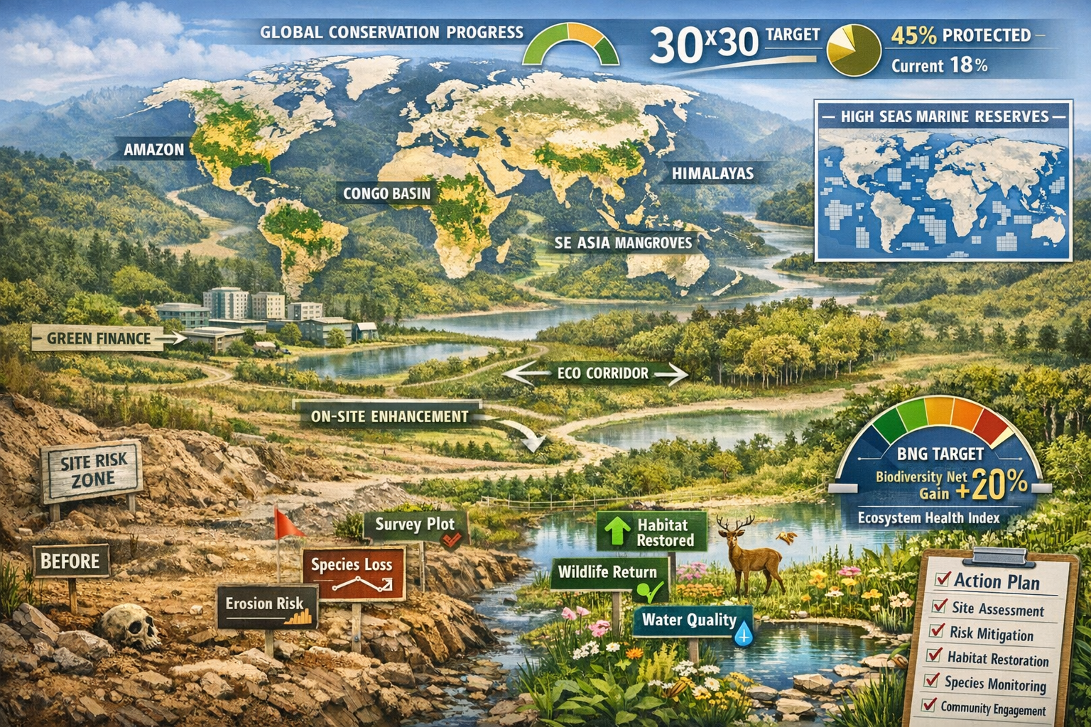 Detailed landscape format (1536x1024) conceptual image showing actionable biodiversity net gain implementation in high-collapse risk zones.