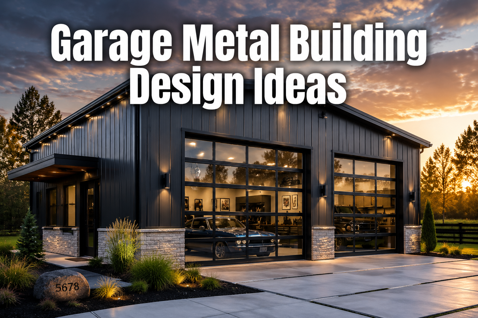 Professional () hero image with : 'Garage Metal Building Design Ideas' in extra large white with dark drop , centered in