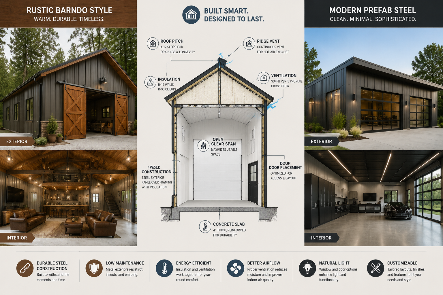 Detailed () interior and exterior comparison collage of garage metal building design ideas: left panel shows a rustic