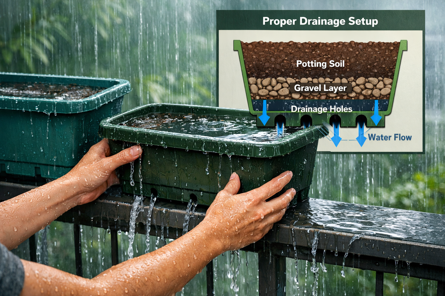 () editorial illustration showing a close-up of waterlogged balcony containers with visible drainage holes and gravel