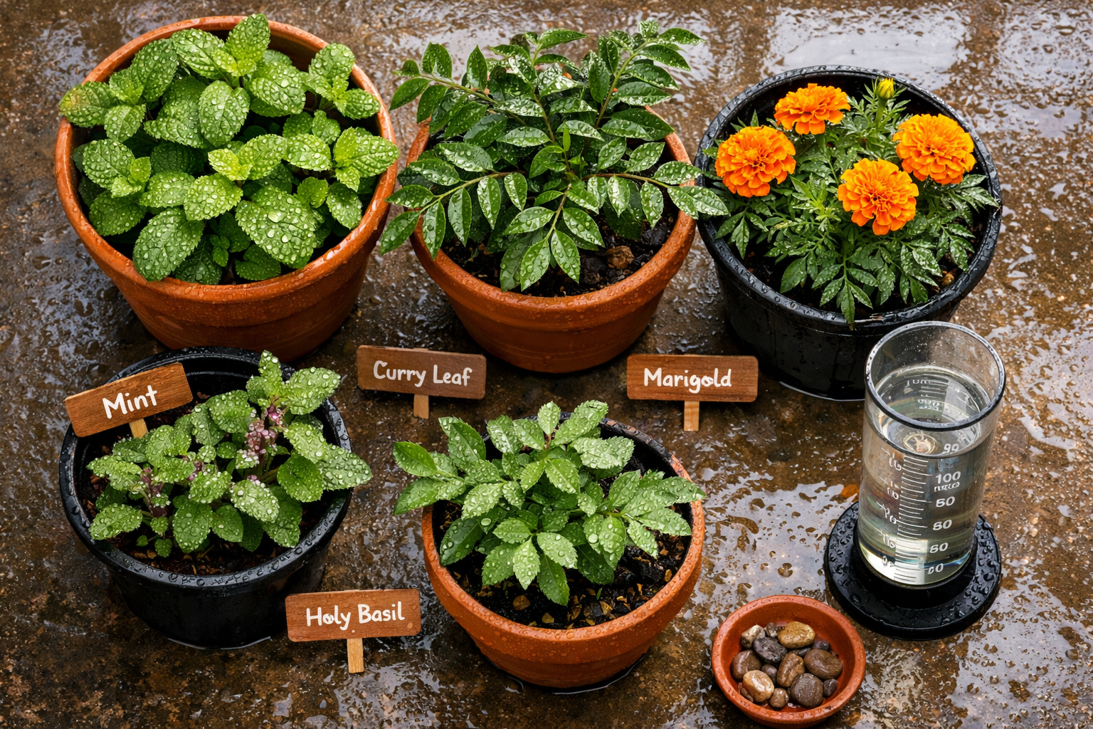 () overhead flat-lay composition on a wet balcony surface showing a curated selection of monsoon-friendly plants: mint,