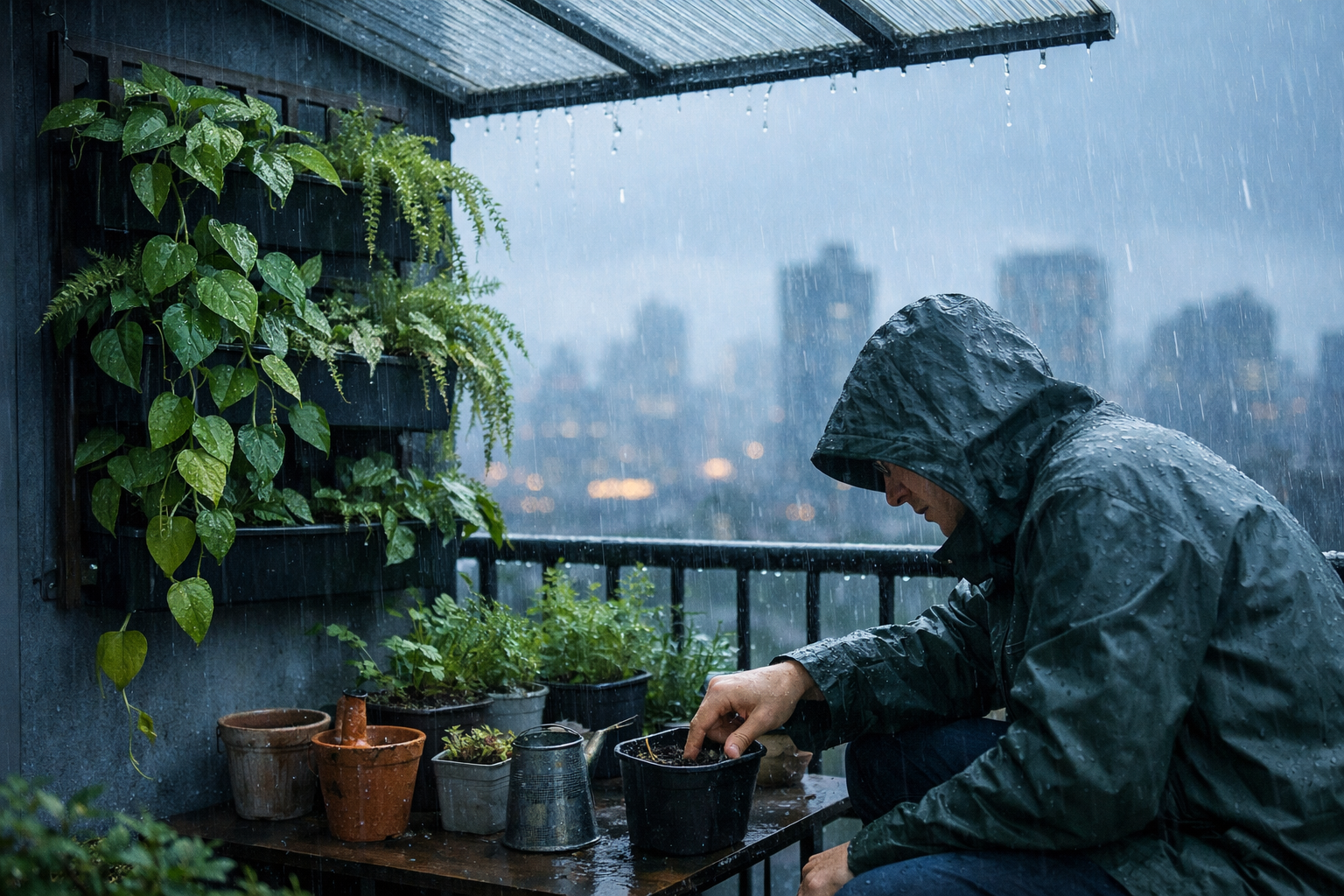 () wide-angle shot of a compact urban apartment balcony during active rainfall, vertical wall planter mounted on railing