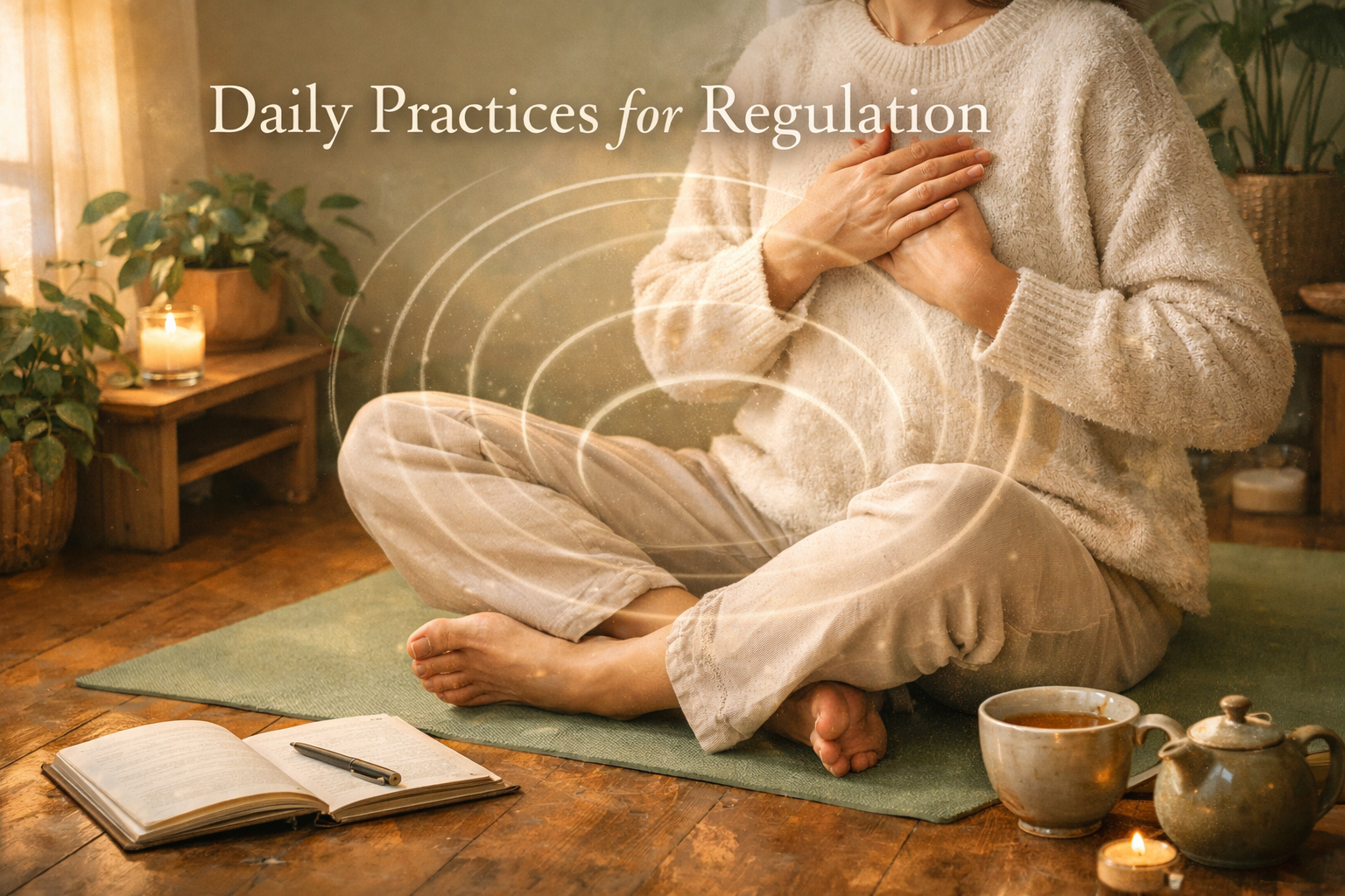 Landscape format (1536x1024) conceptual image of person practicing grounding techniques in serene indoor space with plants, soft natural lig