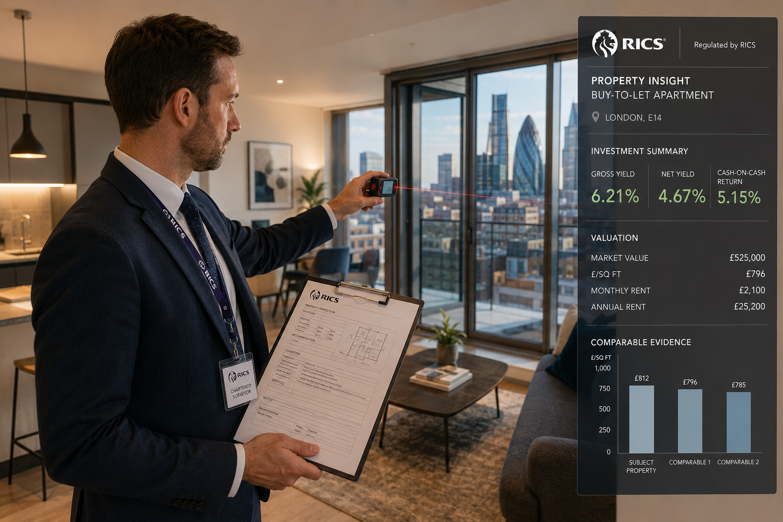Wide-angle interior shot of a professional RICS chartered surveyor in a suit conducting a detailed building inspection