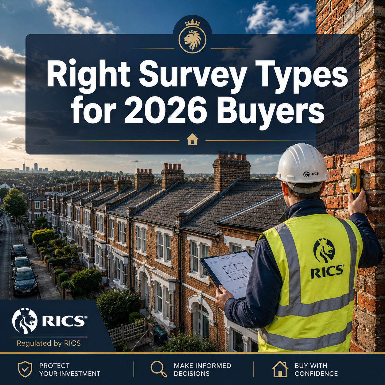 Professional () hero image with : 'Right Survey Types for 2026 Buyers' in extra large white with dark semi-transparent