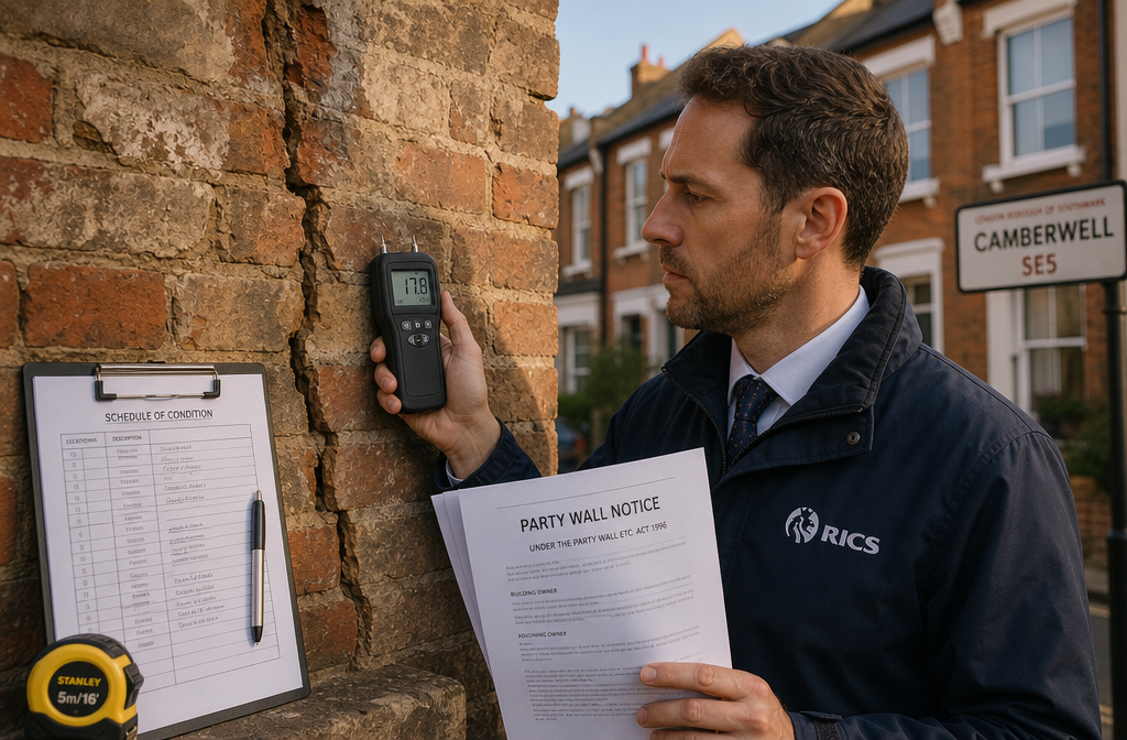 () close-up editorial photograph of a RICS-accredited chartered surveyor in professional attire examining a crumbling brick