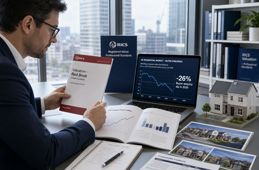 () editorial concept image showing a professional property valuation scene: a RICS registered valuer seated at a modern desk
