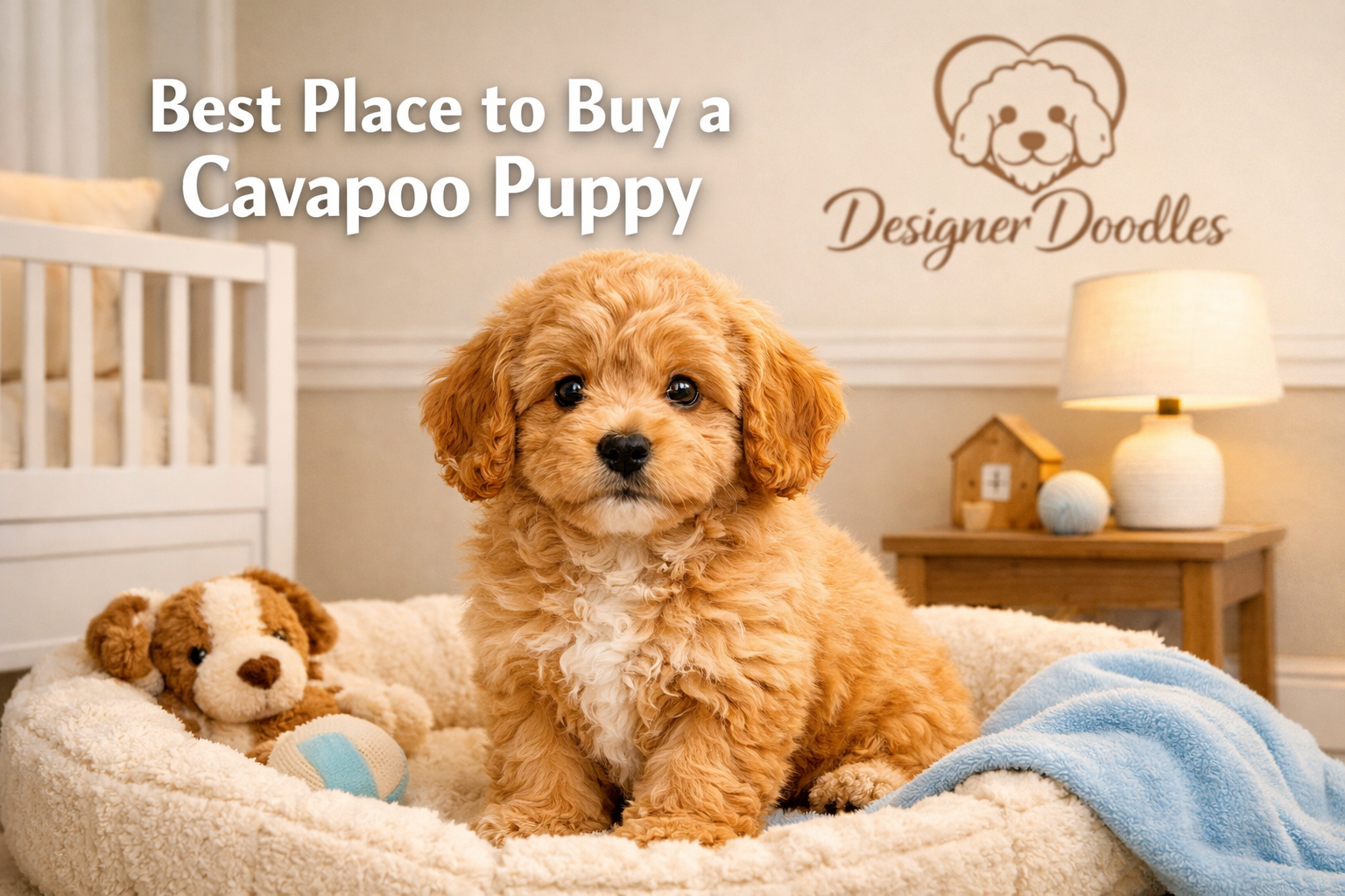 Professional landscape hero image (1536x1024) featuring adorable Cavapoo puppy with soft wavy apricot coat sitting in clean, modern nursery