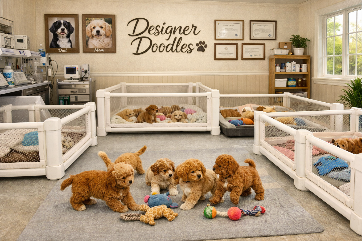 Detailed landscape image (1536x1024) showing reputable Cavapoo breeder facility interior with clean whelping room, multiple Cavapoo puppies