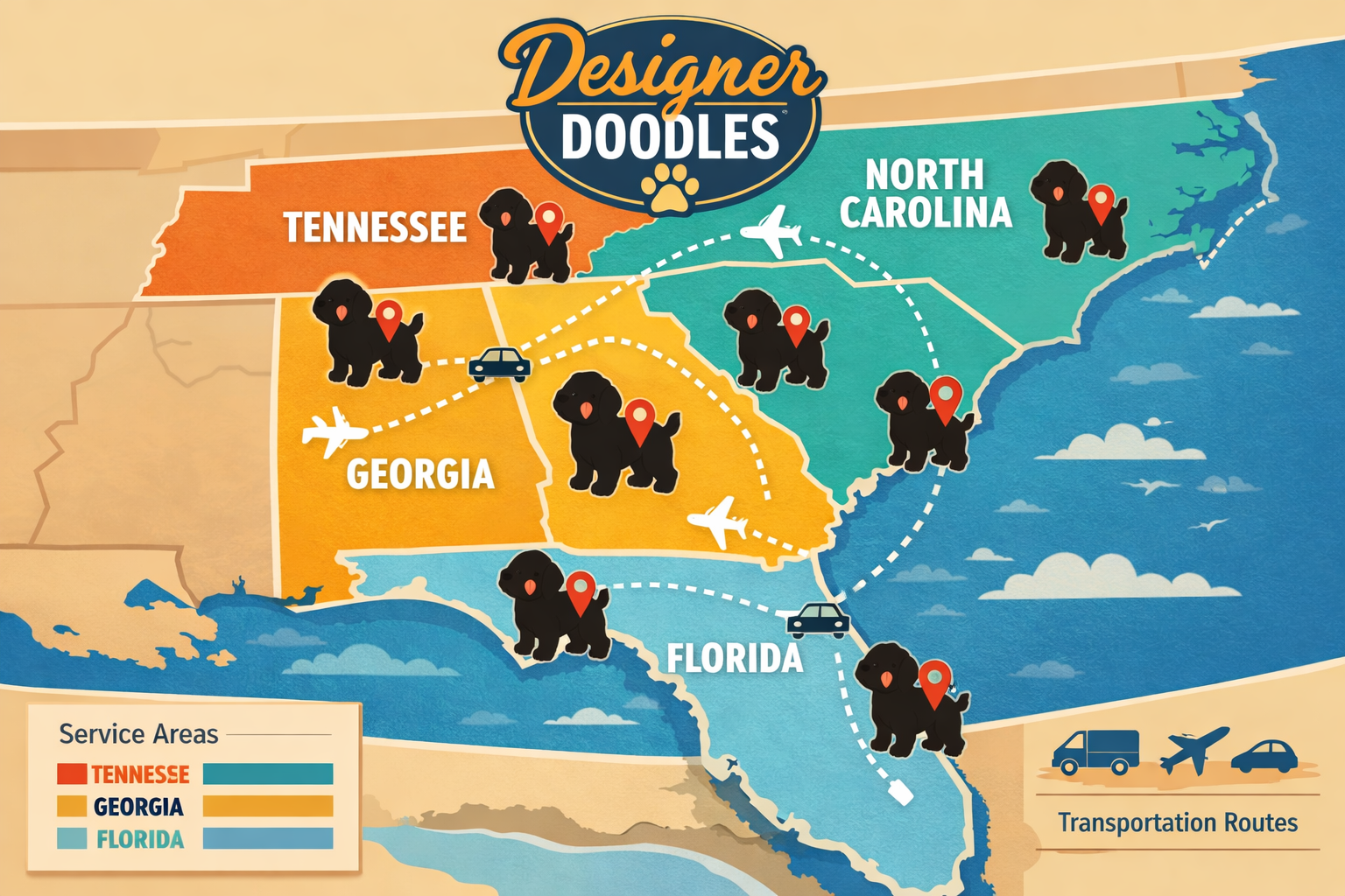 Landscape infographic-style image (1536x1024) displaying map of southeastern United States highlighting Florida, Georgia, North Carolina, an