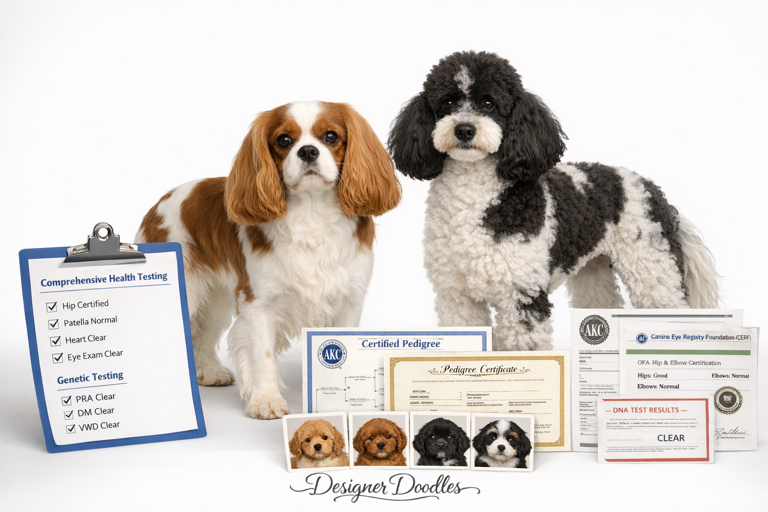 Detailed landscape photograph (1536x1024) of Cavapoo parent dogs - AKC registered Cavalier King Charles Spaniel and Poodle - standing side b