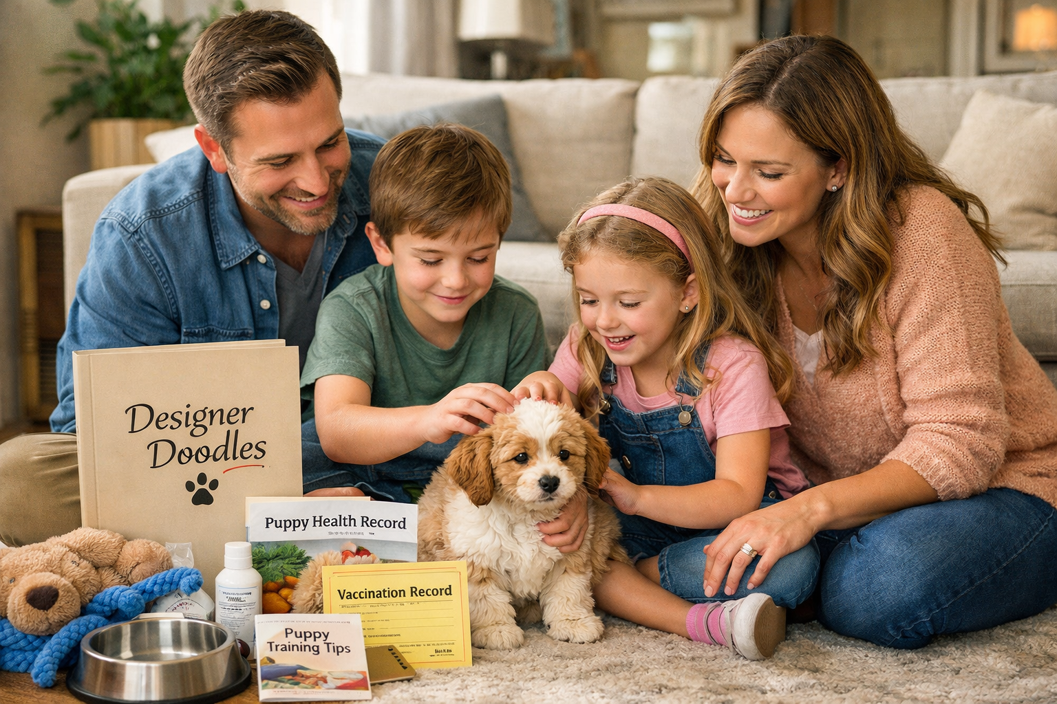 Landscape composition (1536x1024) showing happy family welcoming new Cavapoo puppy into their home, puppy care package with supplies visible