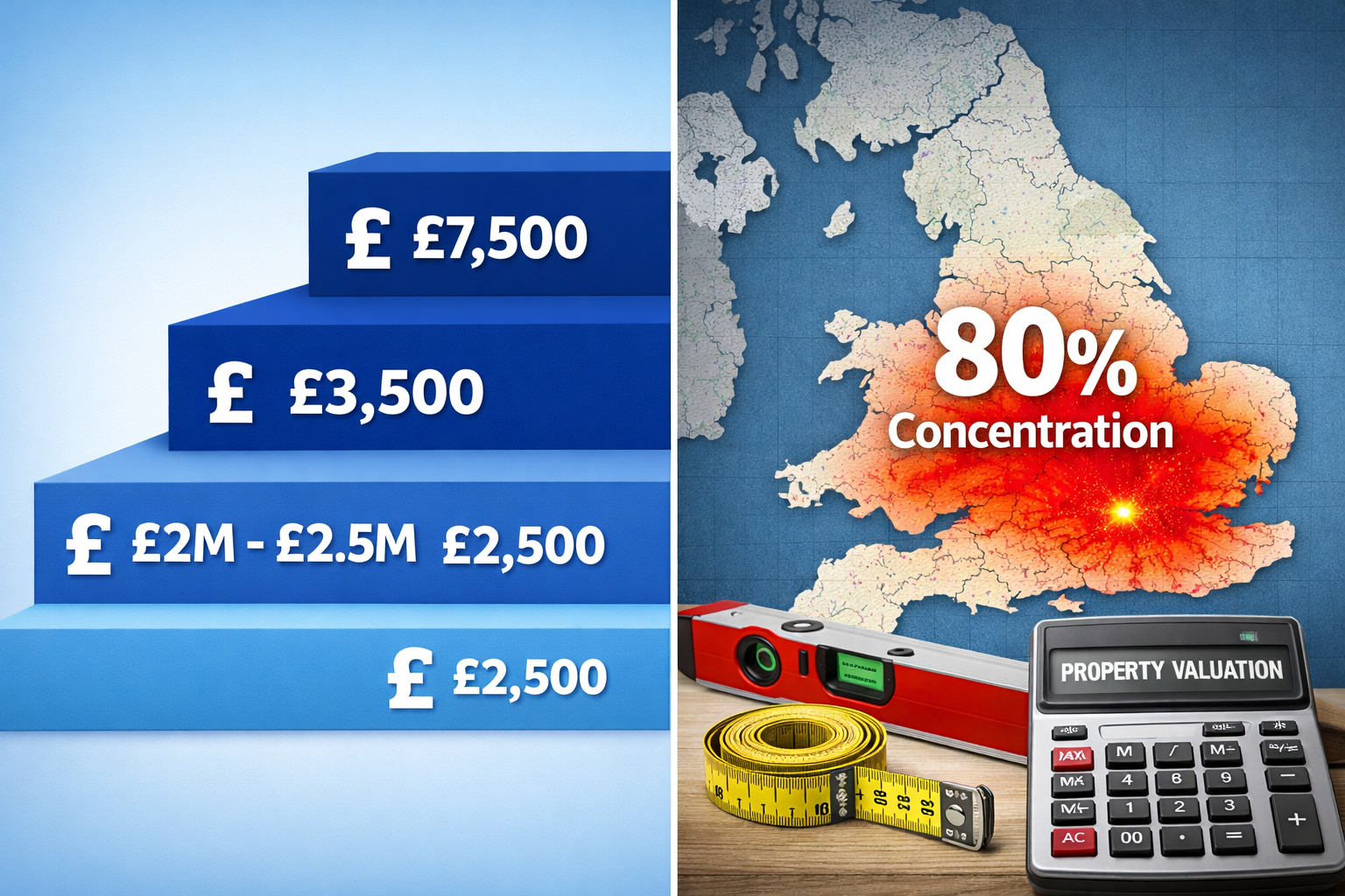 Detailed () image showing split-screen composition: left side displays tiered tax band structure with three colored bands
