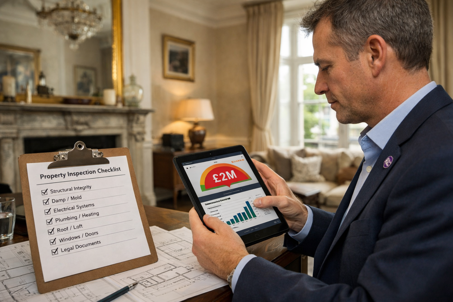 Detailed () image depicting professional surveyor conducting property inspection inside luxury London home, wearing business