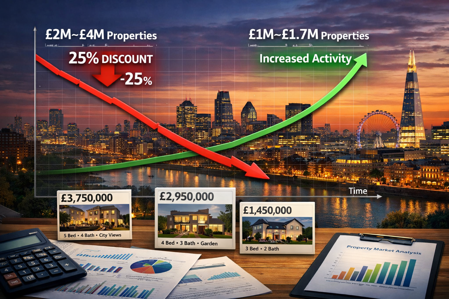 Detailed () image showing property market comparison graph with two diverging trend lines: declining red line for £2M-£4M