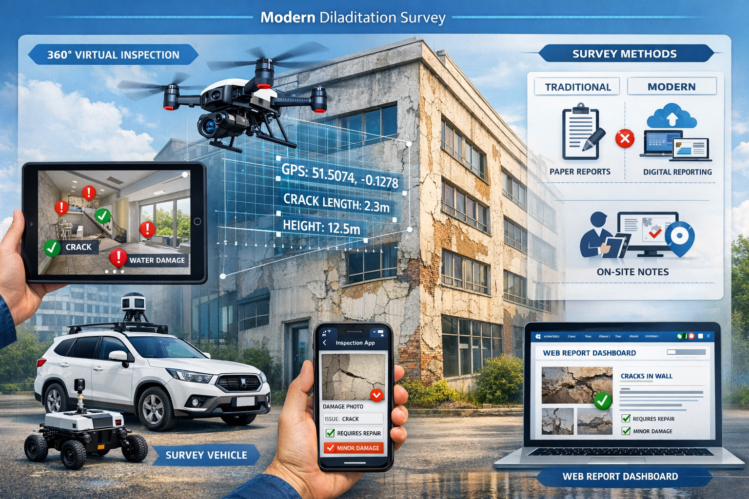 Detailed landscape format (1536x1024) infographic-style image illustrating modern dilapidation survey technology and methodology. Central co