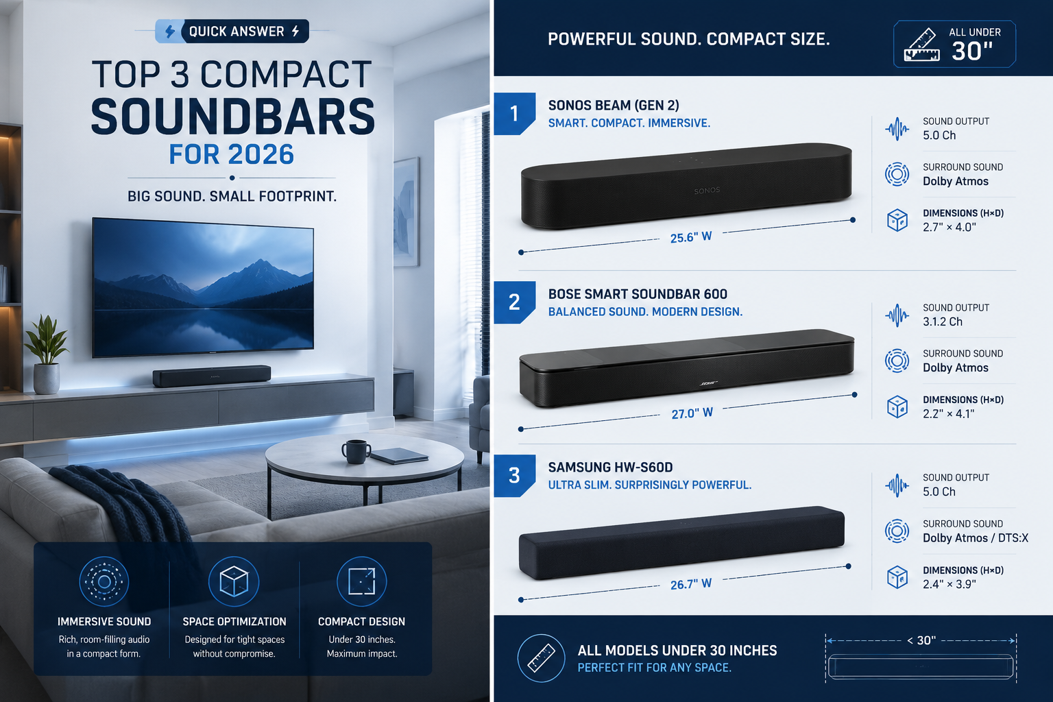 A sleek, right side displays soundbar models with key specs: dimensions, sound output, and surround sound capabilities. Use