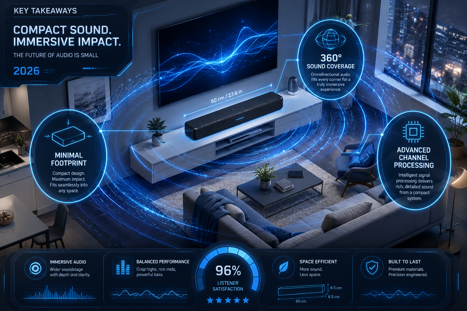 An engaging 'Key Takeaways' visual featuring an isometric layout of a small apartment living room. Floating holographic