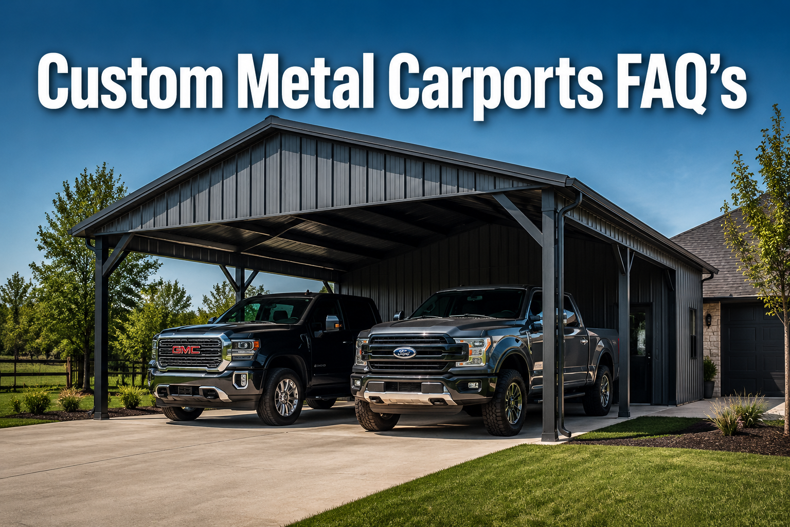 Professional () hero image with : 'Custom Metal Carports FAQ's' in extra large white with dark drop , centered in upper