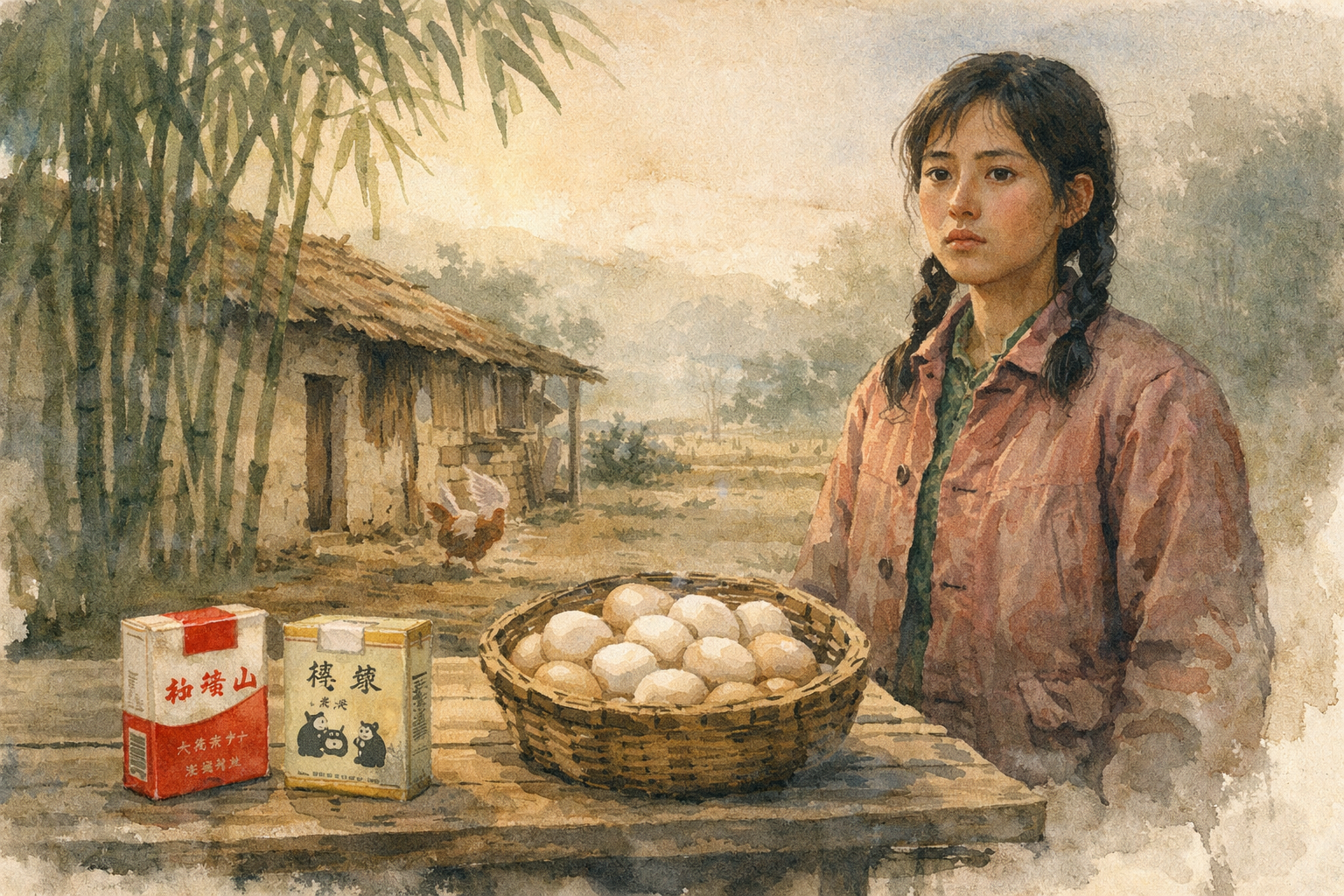 Landscape format (1536x1024) editorial illustration depicting a young Chinese woman in 1978 rural China standing beside a modest farmhouse,