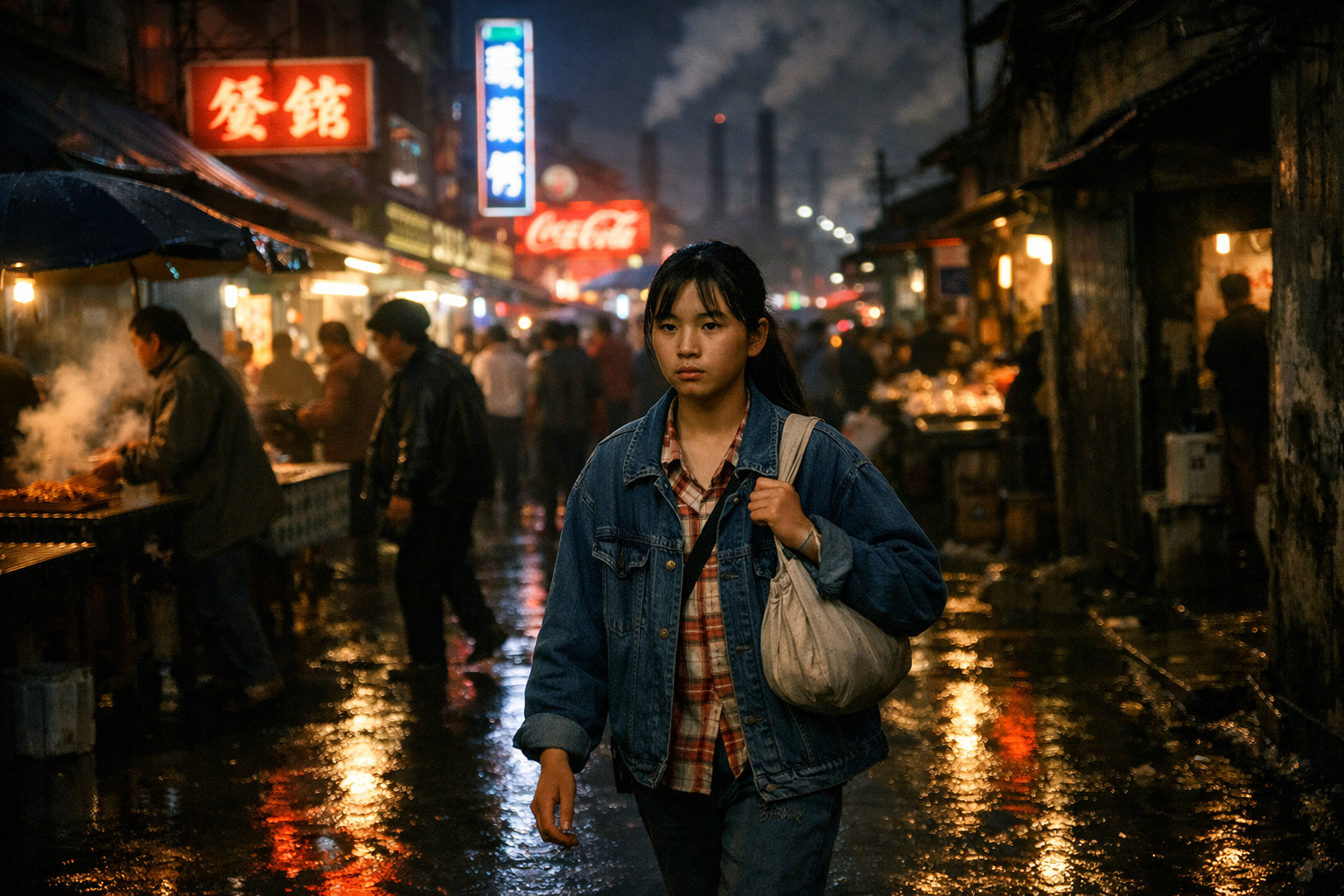 Landscape format (1536x1024) atmospheric scene of 1990s Shanghai at night, neon signs reflecting on wet streets, a determined sixteen-year-o