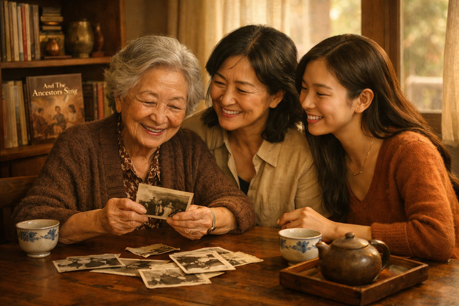 Landscape format (1536x1024) warm interior scene of a multigenerational Chinese family gathered around a wooden table with tea cups and old