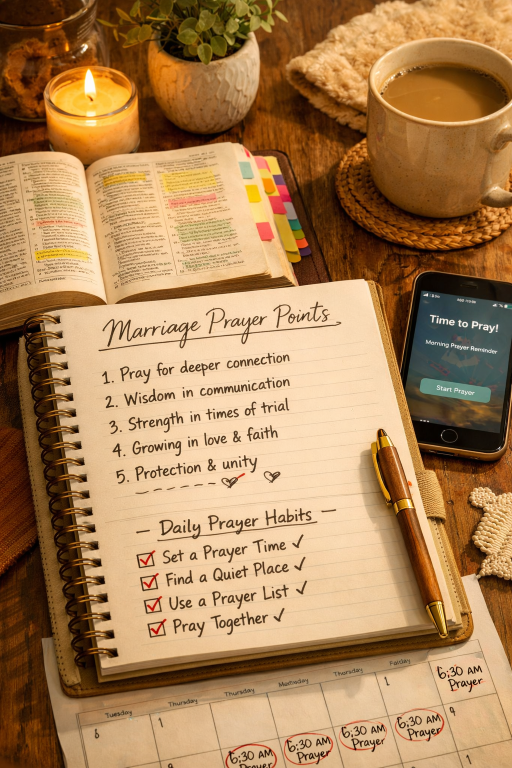 20 Bible Verses to Strengthen Your Marriage Through Prayer Portrait format (1024x1536) image featuring prayer journal open with specific marriage prayer points written out, daily devotional setup wit