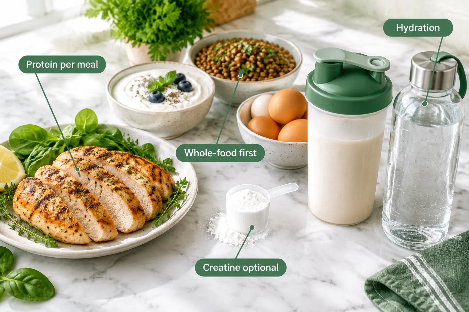 Do I need protein powder or supplements, and can women build muscle after 40?