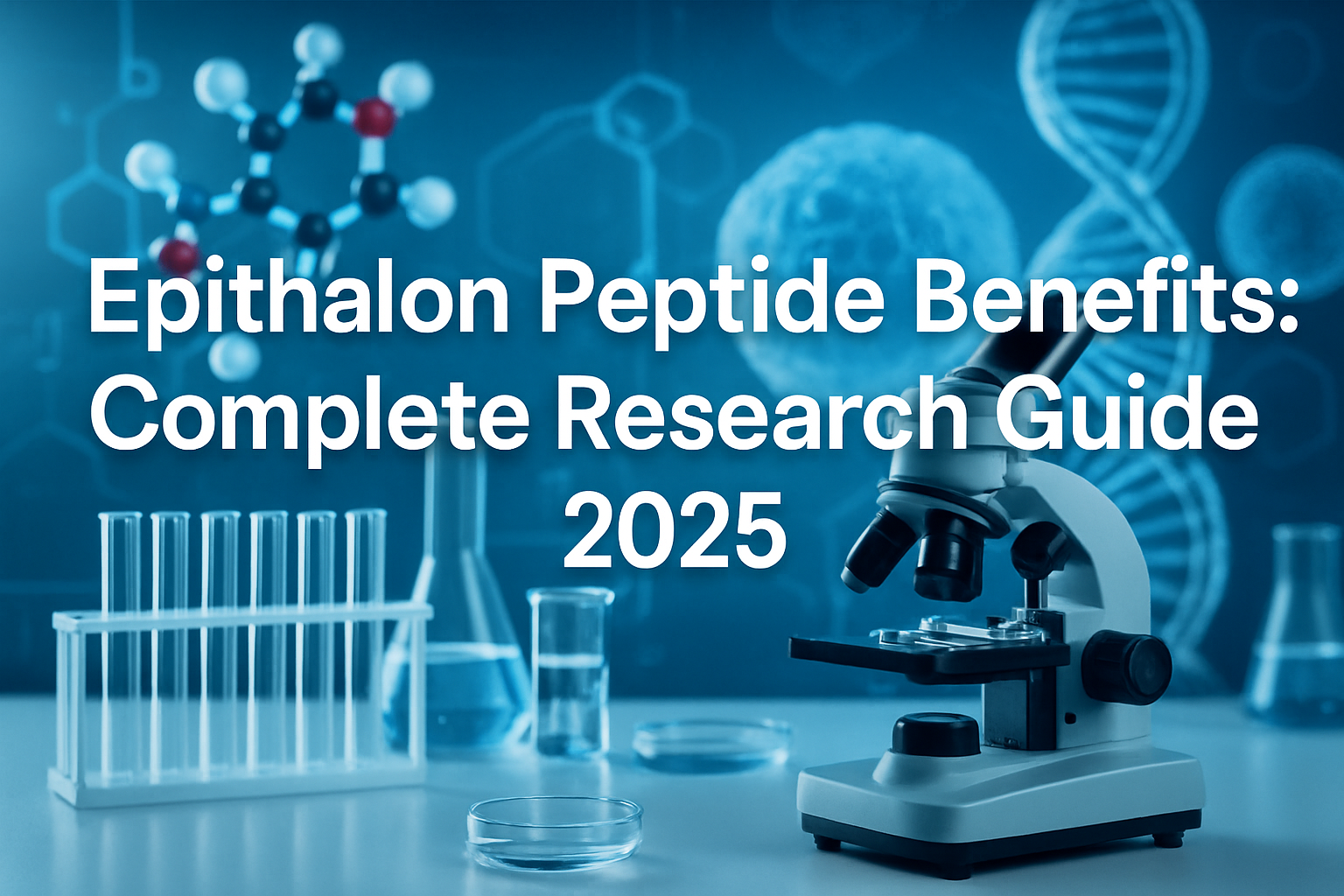 Professional landscape hero image (1536x1024) featuring bold text overlay 'Epithalon Peptide Benefits: Complete Research Guide 2025' in extr