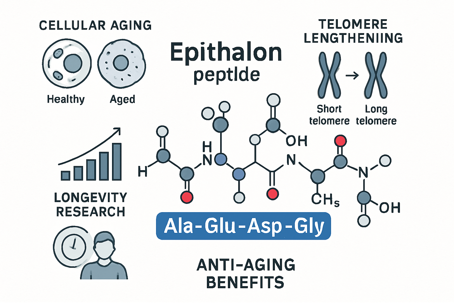 Scientific infographic showing epithalon peptide molecular structure with detailed amino acid sequence (Ala-Glu-Asp-Gly) highlighted in blue
