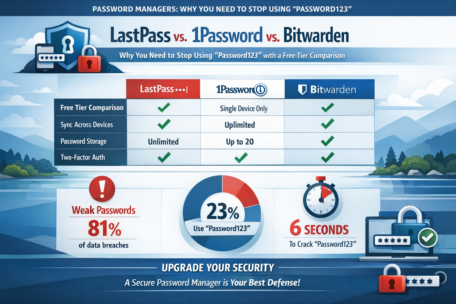 Professional landscape infographic (1536x1024) for article "Password Managers: Why You Need to Stop Using "Password123"", section: "LastPass