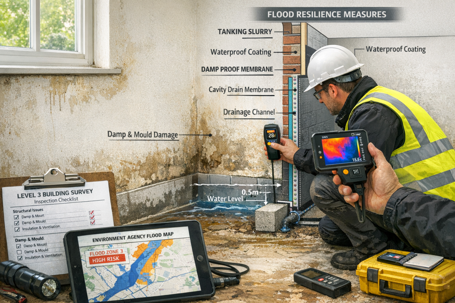 Detailed () image showing professional surveyor conducting Level 3 building survey inside flood-affected property, examining