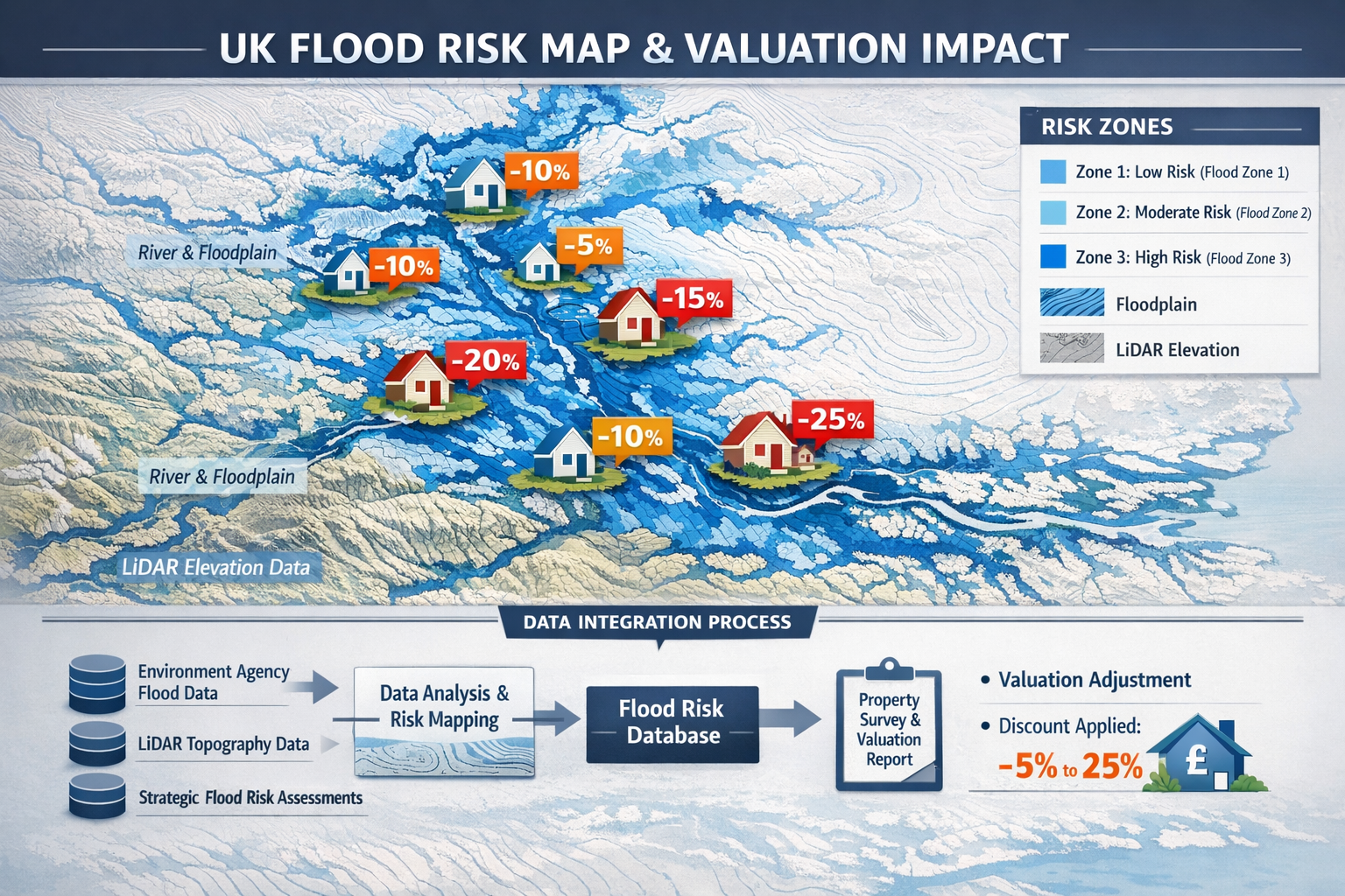 Comprehensive () infographic visualization displaying UK flood risk map with color-coded Environment Agency zones (blue