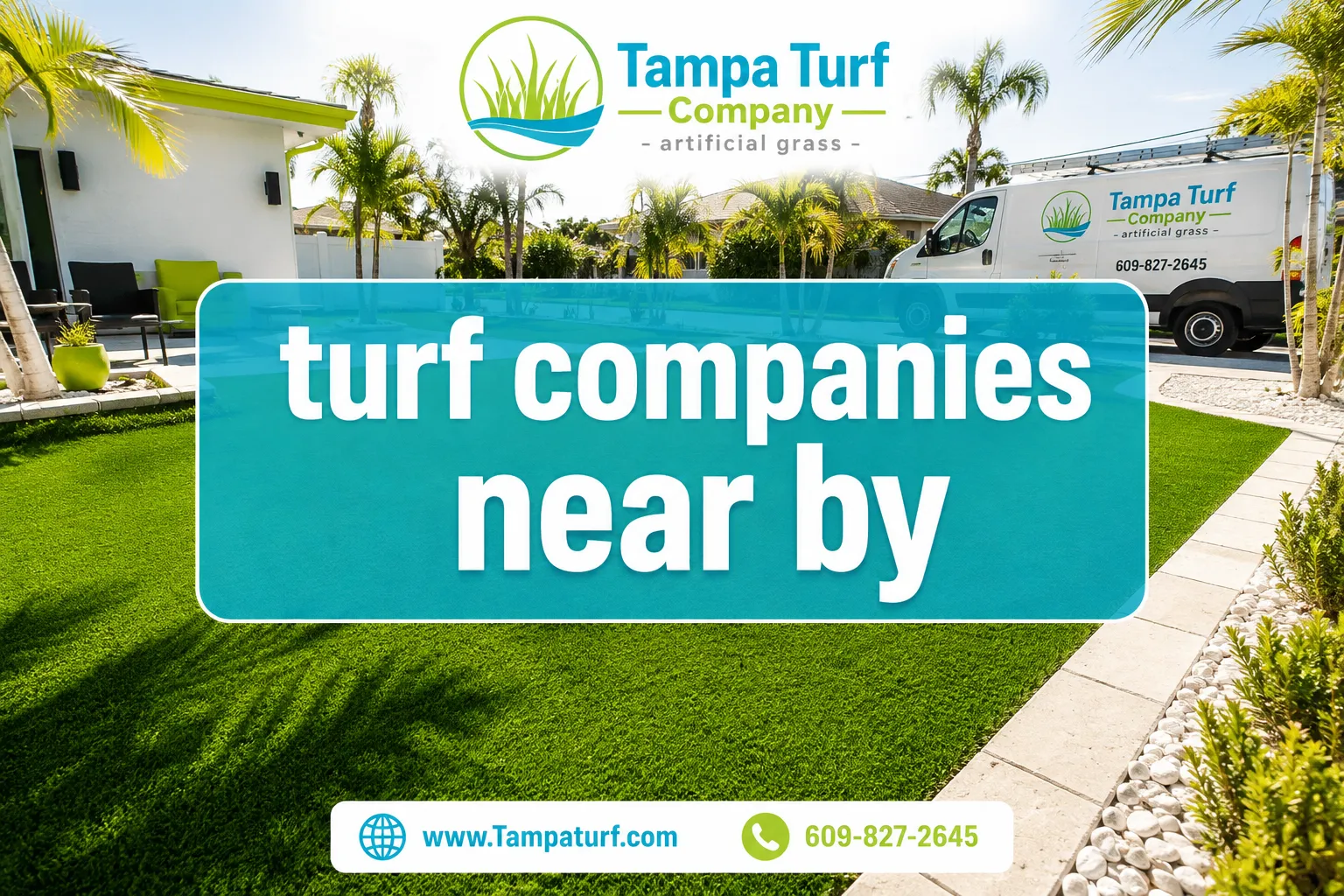 Professional () editorial hero image with SHORT : 'turf companies near by', crisp white on a turquoise semi-transparent