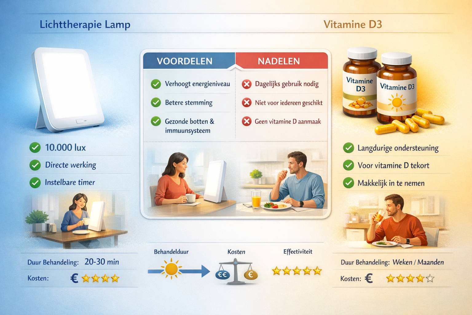 Afbeeldingen met nederlandse tekst Comprehensive comparison table visualization (1536x1024) showing lichttherapie lamp glowing brightly on l