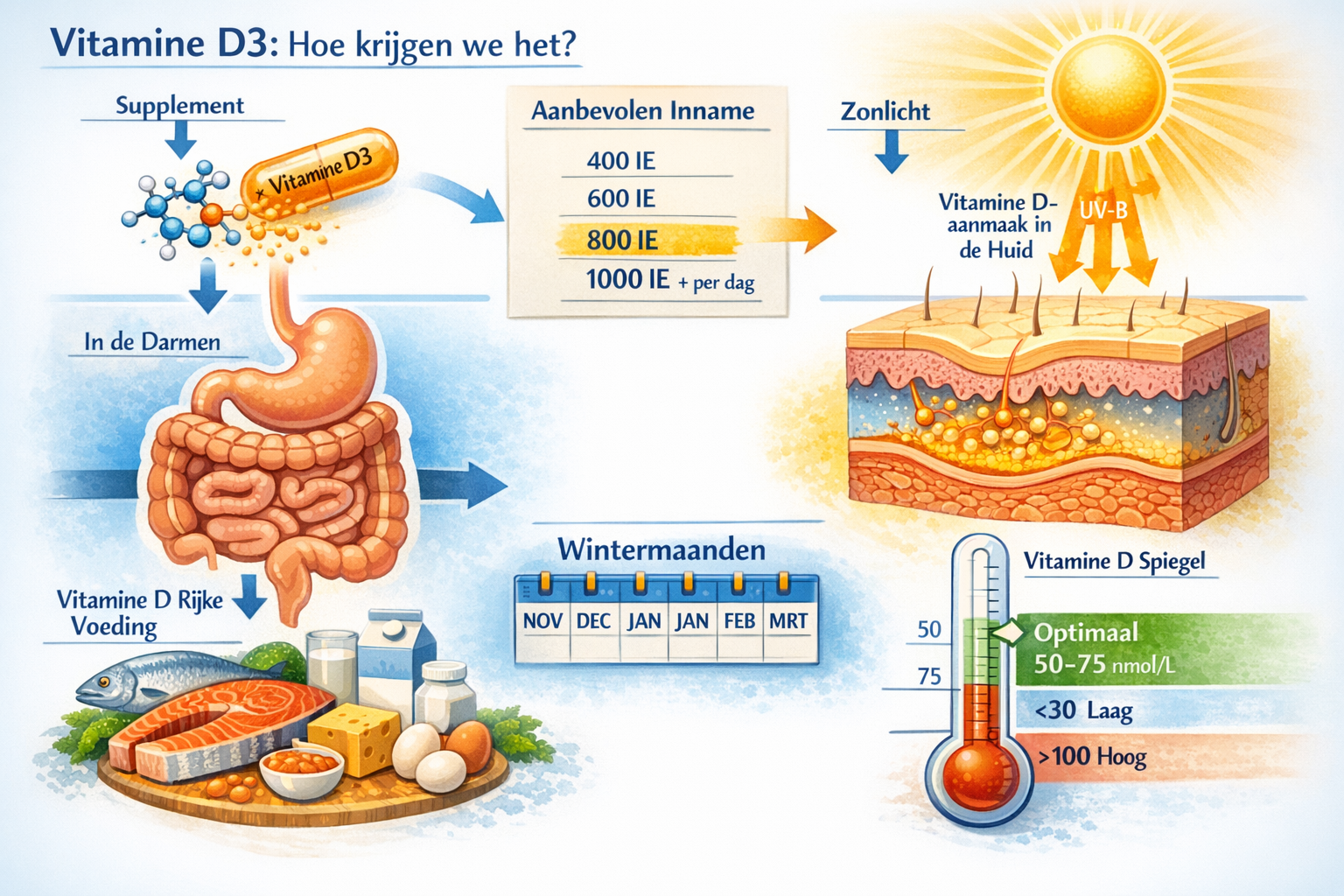 Afbeeldingen met nederlandse tekst Scientific illustration (1536x1024) depicting vitamin D3 molecular structure transforming into sunshine s