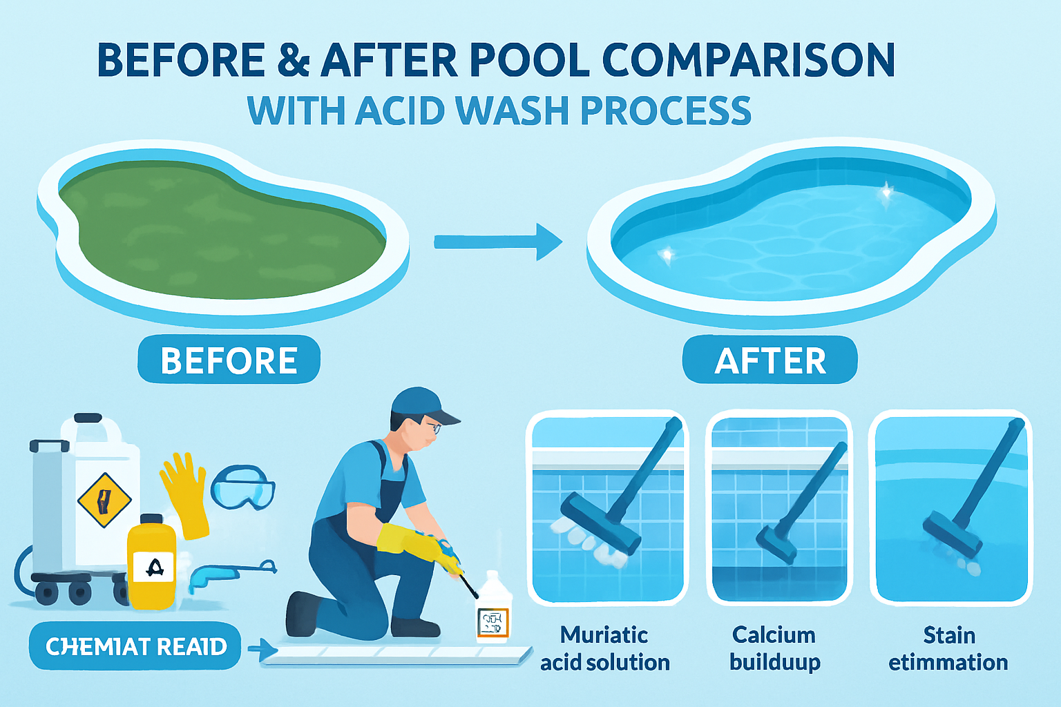 Detailed infographic showing before-and-after pool comparison with acid wash process, featuring cloudy green algae-covered pool transforming