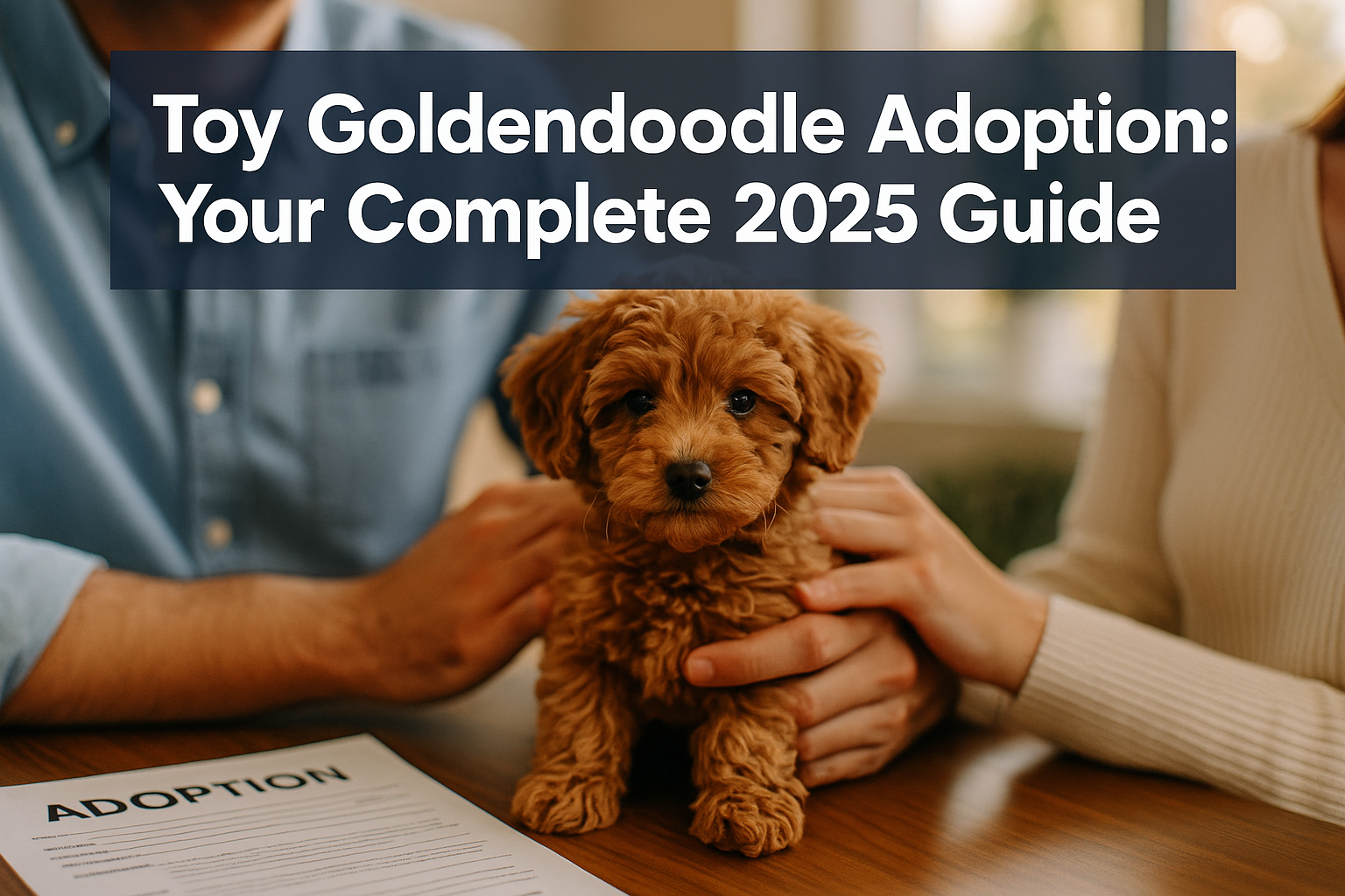 Professional landscape hero image (1536x1024) featuring bold text overlay 'Toy Goldendoodle Adoption: Your Complete 2025 Guide' in extra lar