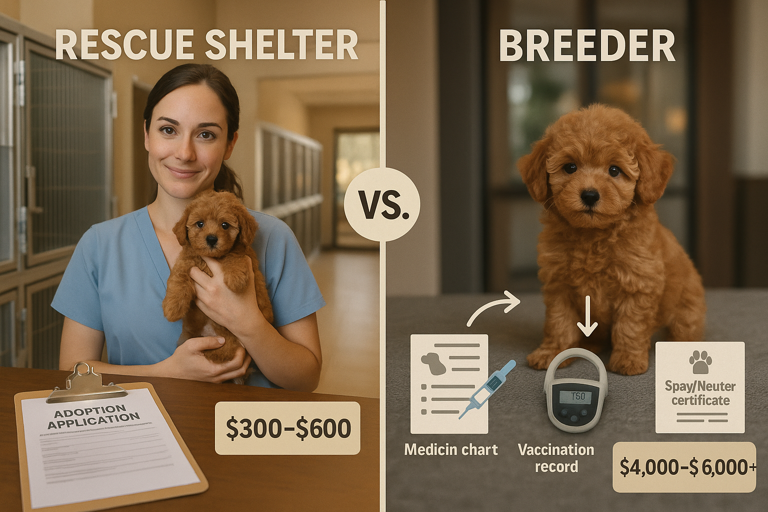 Detailed landscape editorial image (1536x1024) showing side-by-side comparison of rescue shelter adoption process versus breeder purchase fo